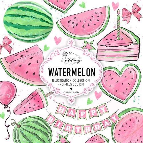 Watercolor Pink Watermelon Clipart Happy Birthday Clipart - Etsy