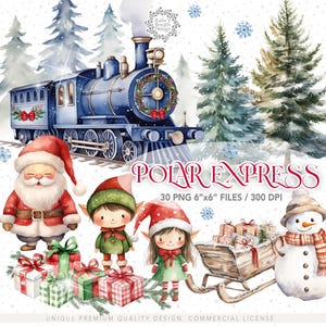 Watercolor Polar Express Clipart bundle, Christmas Train, Believe Bell, Santa Rudolph, T-shirt Design PNG, train ticket, elf, christmas png