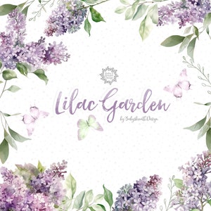 Lilac Garden Watercolor Clipart - Purple flower Clipart - Floral Clipart - Foliage - Wedding Clipart - Lilac Clipart - Watercolor Clipart