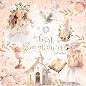 Aquarell Erstkommunion Clipart, Aquarell Clipart Erstkommunion für Mädchen, Religion, Blumen, Bibel, Rosenkranz, Kreuz, Taube
