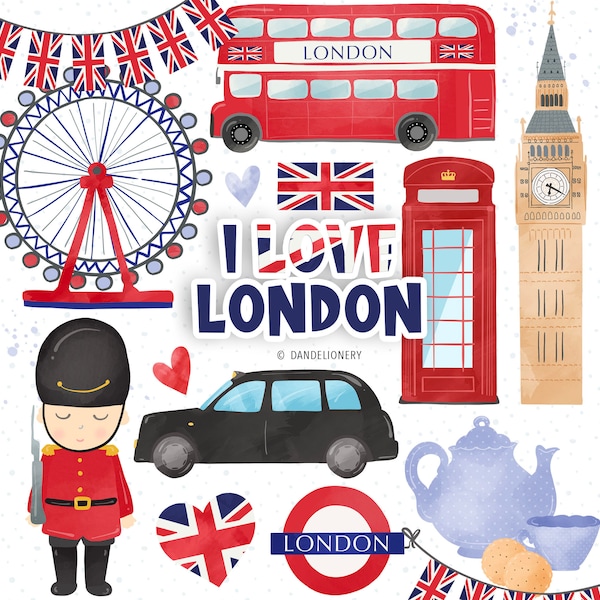 Aquarelle J’adore Londres, London clipart, London black taxi, cabine téléphonique rouge, London Eye clipart, drapeau anglais