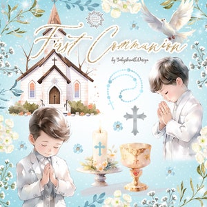 Aquarell Erstkommunion Clipart, Aquarell Clipart Erstkommunion für Jungen, Religion, Blumen, Bibel, Rosenkranz, Kreuz, Taube