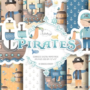 Watercolor Kids Pirates digital paper pack, nursery pattern, sea, boys paper, pirate ship, anchor, fish, sun, baby pattern, nursery,