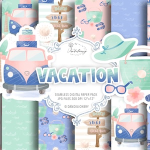 Paquete de papel digital Watercolor Vacation Beach, surf, coche retro, playa, chanclas, gafas de sol, sol, verano, vacaciones, bolsa de verano, patrón