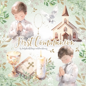 Acuarela Primera Comunión Clipart, Acuarela Clipart Primera Comunión para niños, religión, floral, Biblia, Rosario, Cruz, Paloma