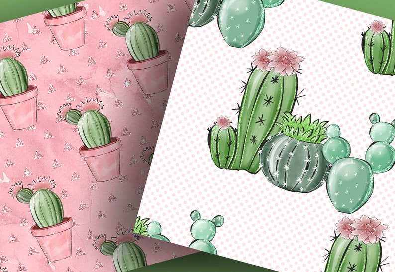 Pack de papier numérique Sweet Cactus, Motif de cactus dessiné à la main, Téléchargement de plantes, Bordure succulente mignonne, plante, fond de fleur image 3