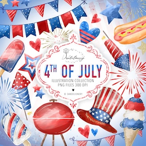 Aquarelle 4th of July Clipart, Cute July Fourth clipart, USA Patriotic, BBQ, Bunting, Fireworks, Ice Cream, Hat, Heart