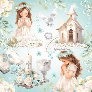 Aquarel eerste communie clipart, aquarel clipart eerste communie voor meisjes, religie, bloemen, Bijbel, rozenkrans, kruis, duif