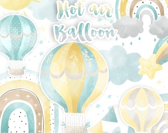 Hot Air Balloon Rainbow, rainbows clipart, Instant Download, baby clipart, natural color, pastel, sun, rain, cloud, rain, nursery clipart