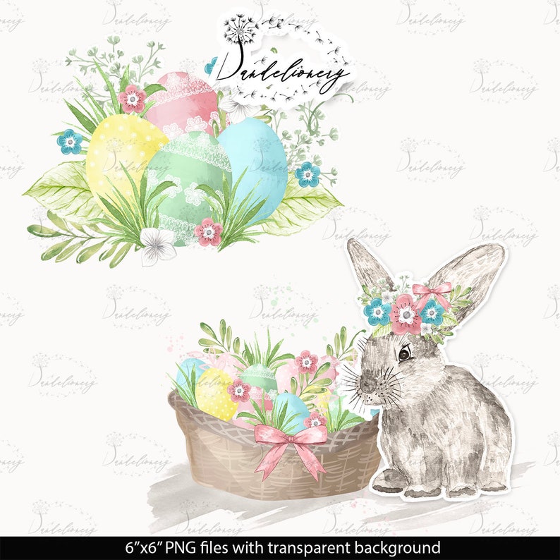 Happy Easter design, Garden, Flower Clip Art, Hand Drawn Flowers, bow, spring, floral, leaves, pink, baby's breath, easter egg image 3