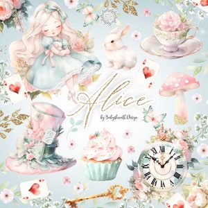 Alice au pays des merveilles Clipart Alice Clip Art aquarelle Alice Adventures Chapelier fou Tea Party Eat Me Drink Me Lapin blanc Illustration clé