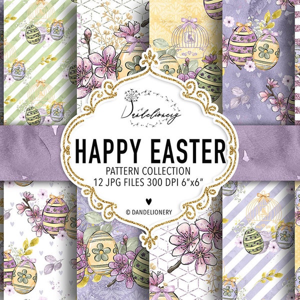 Happy Easter digital paper pack, Garden, Flower pattern, Hand Drawn Flowers, bow, spring, floral, leaves, pink, baby's breath, easter egg