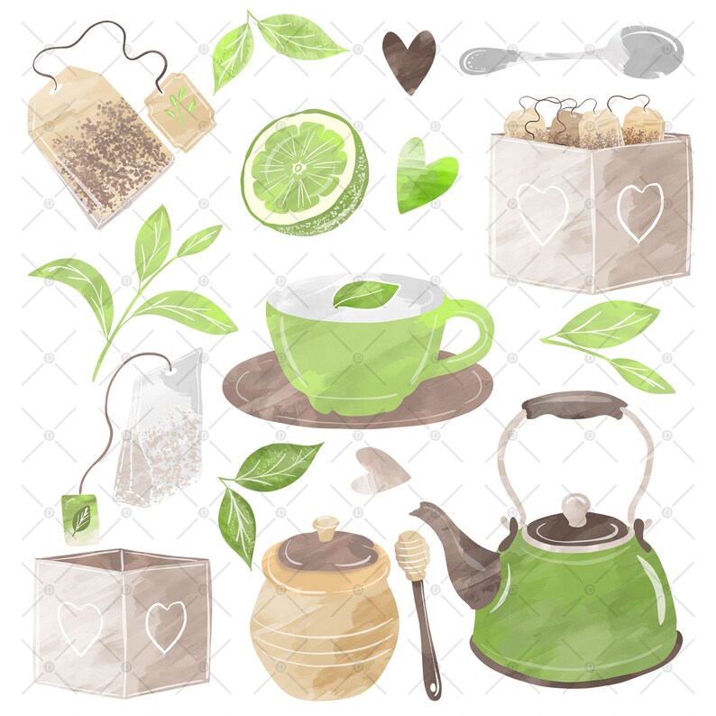 Watercolor Green Tea Design Leaves Tea Clip Art Tea Whisk Etsy