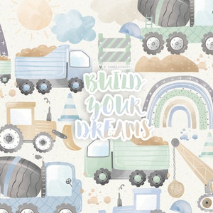 Clipart de escavadores de construção em aquarela, clipart de menino, berçário, pequeno uso comercial