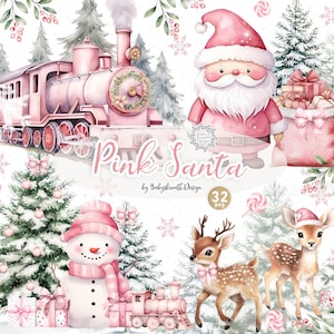 Paquete de imágenes prediseñadas de acuarela rosa expreso, tren navideño, campana de creencia, Papá Noel Rudolph, diseño de camiseta PNG, imágenes prediseñadas de tren, Navidad png