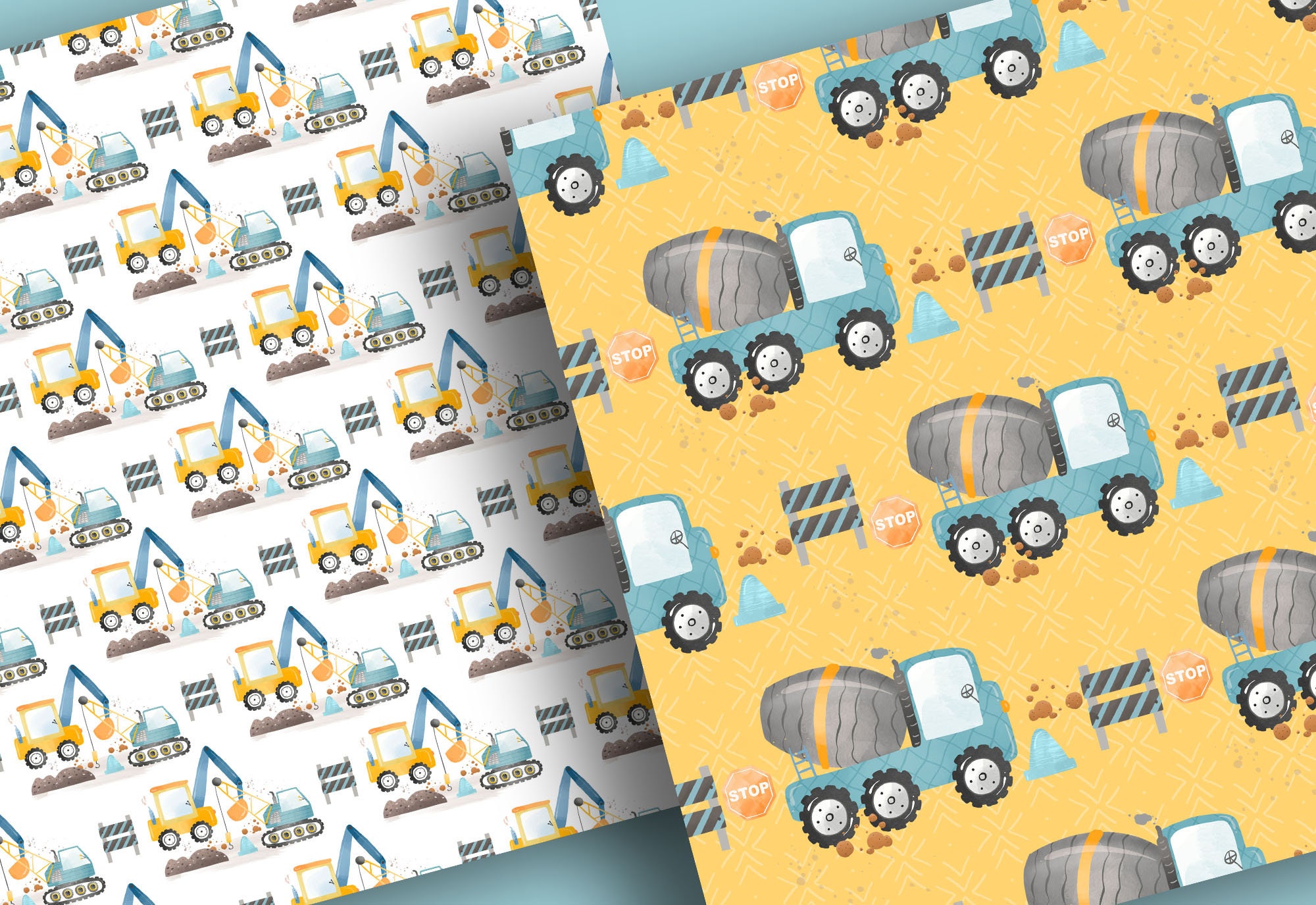 Watercolor Construction Diggers Digital Paper Pack Boy Etsy