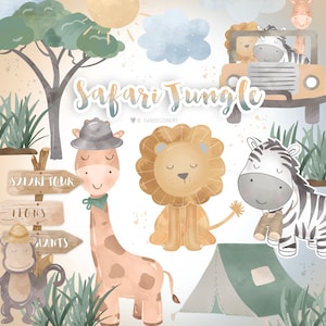 Safari Jungle design, baby animals clipart, baby clipart, colore naturale, leone baby, nuvola, zebra, nursery clipart