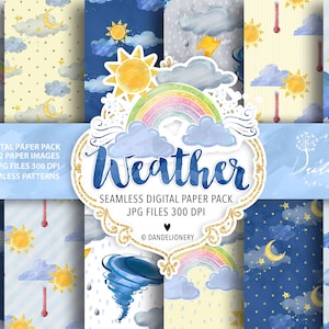 Watercolor Weather Pacchetto di carta digitale, Clouds Download, Instant Download, Rainbow, Storm, Tornado, Thermometer, Lightning, Sun, Rain