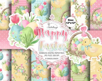 Cute Easter digital paper pack, Garden, Flower pattern, Hand Drawn Flowers, bow, spring, floral, leaves, pink, baby chicken, easter egg