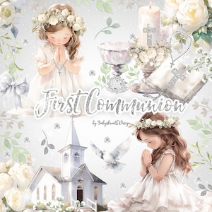 Acuarela Primera Comunión Clipart, Acuarela Clipart Primera Comunión para Niñas, religión, floral, Biblia, Rosario, Cruz, Paloma