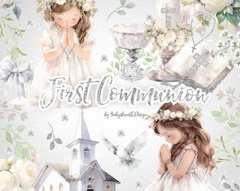 Watercolor First Communion Clipart, Watercolor Clipart First Communion for Girls, religion, floral, Bible, Rosary, Cross, Dove