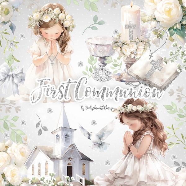 Watercolor First Communion Clipart, Watercolor Clipart First Communion for Girls, religion, floral, Bible, Rosary, Cross, Dove
