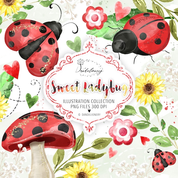 Aquarelle Sweet Ladybug Clipart, Ladybug Télécharger, Téléchargement instantané, Utilisation commerciale, tournesol, feuilles, souffle de bébé, cœur, mignon