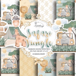 Safari Jungle pacchetto di carta digitale, modello di animali da bambino, carta per bambini, colore naturale, bambino leone, nuvola, zebra, modello nursery