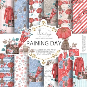 Raining Day digital paper pack, Autumn Stickers, autumn, fall, clip art, leaves, coats, boots, umbrella, bouquets