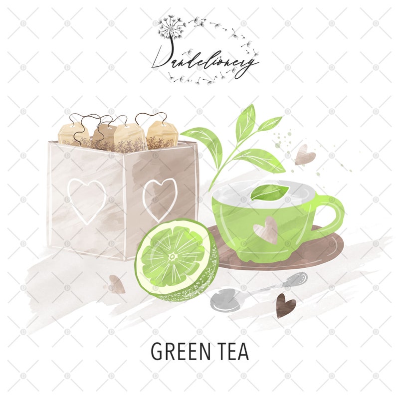 Watercolor Green Tea Design Leaves Tea Clip Art Tea Whisk Etsy