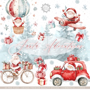 Pacote de Papai Noel fofo em aquarela, aventuras de Papai Noel png, paisagem de inverno, Papai Noel png, design de camiseta PNG, Papai Noel, carro de natal