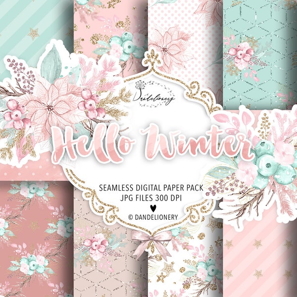 Watercolor Hello Winter Pink digital paper pack, christmas, branches, christmas pattern, winter mood, snowflakes, holiday, snow, winter