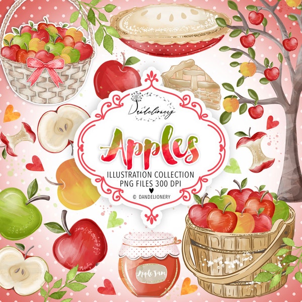 Watercolor Apples Clipart, Fruit Download, Instant Download, Commercial Use, apple, leaves, apple pie, heart, apple tree, jam,