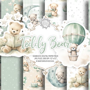 Pacchetto di carta digitale Green Teddy Bear, Sleepy Teddy Bears, Baby Bear, Teddy Bear Bundle, modello Girl Baby Shower, Compleanno ragazza, Asilo nido ragazzo