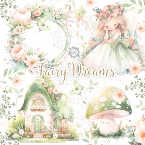 Watercolor Fairy Tale digital design, Fairy clipart, romantic clipart, swing, flower, fairy tale clipart, baby girl, cute girl clipart