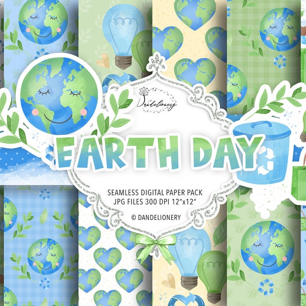 Watercolor Earth Day digital paper pack, Watercolor Recycling pattern, Earth Day paper, Eco Friendly, green leaves