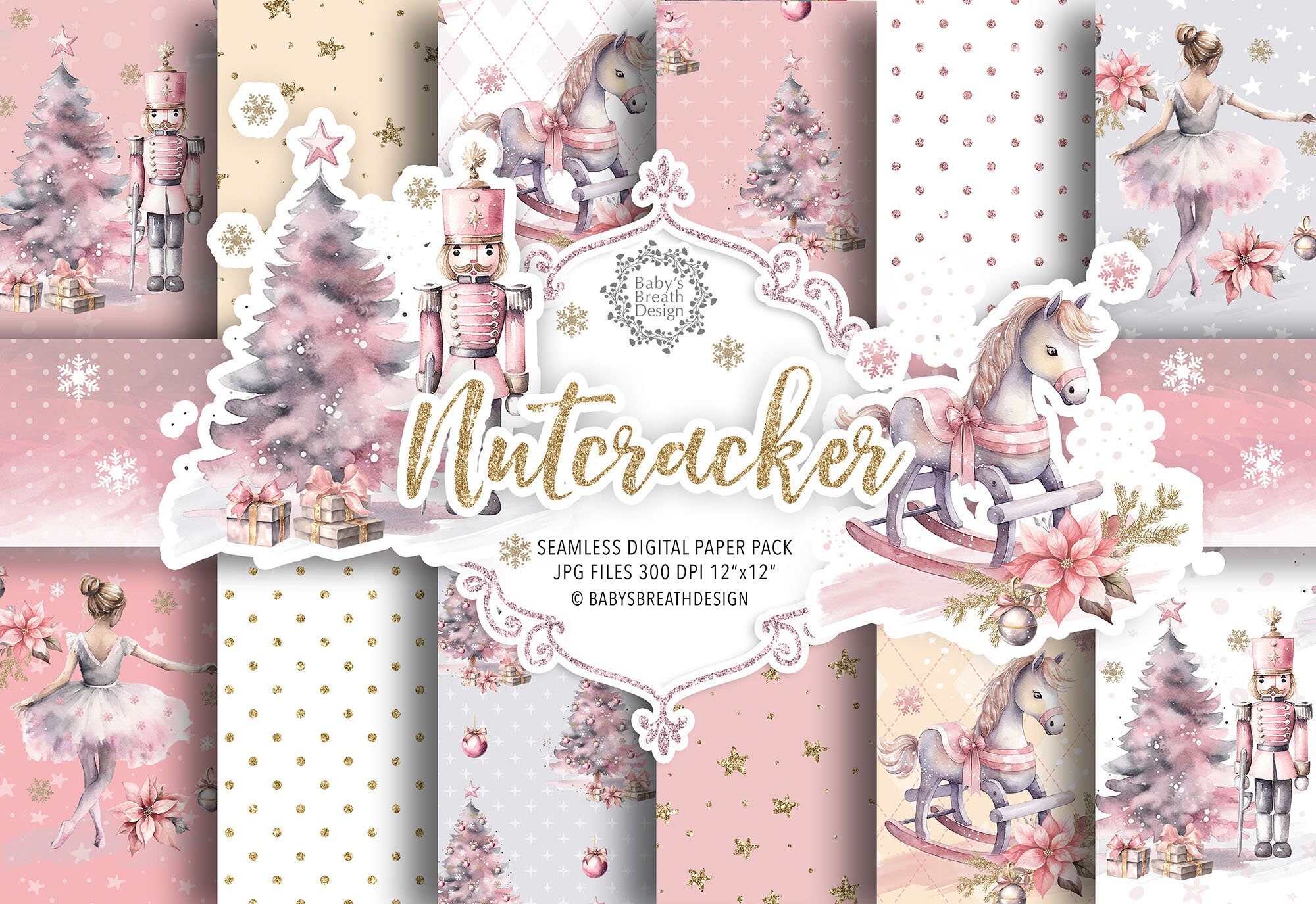 Nutcracker Christmas digital paper pack, Xmas pattern, Cute Christmas, ballet digital paper, Holiday pattern, christmas tree paper
