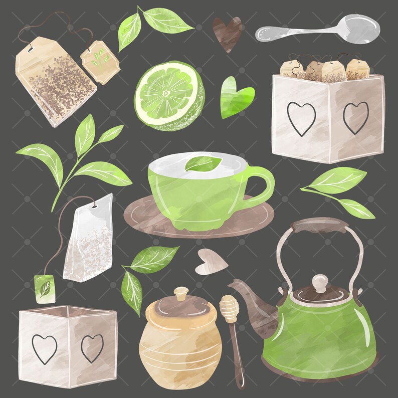 Watercolor Green Tea Design Leaves Tea Clip Art Tea Whisk Etsy