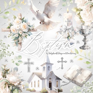 Acuarela Primera Comunión Clipart, Acuarela Clipart Primera Comunión para Niñas, religión, floral, Biblia, Rosario, Cruz, Paloma