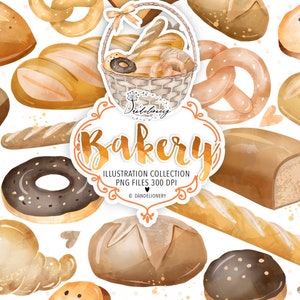 Acquerello Panificazione design, Acquerello Pane Clipart, Cibi da Forno Grafica, Digital Download, Pane, Toast, Torta, Pagnotta