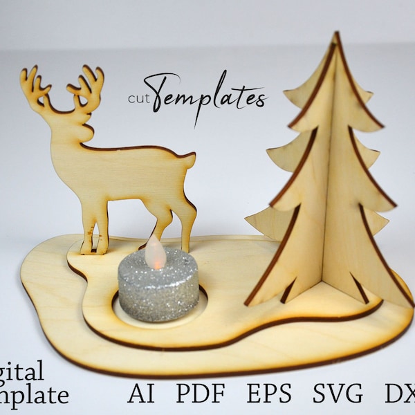 Christmas winter scene candle holder. Laser Cut Vector Template File SVG PDF EPS. CutTemplates