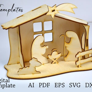 May include: A wooden nativity scene cutout with a star and a shooting star above the stable. The scene includes Mary, Joseph, a manger, a sheep, and a fence. The text "cut Templates" is in the top left corner of the image. The text "Digital template AI PDF EPS SVG DXF" is at the bottom of the image.
