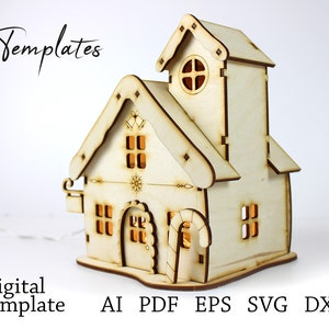Puede incluir: Un recorte de madera de una casa de jengibre con un detalle de caramelo. La casa tiene una torre y ventanas. La imagen incluye el texto "cut Templates" y "Digital template AI PDF EPS SVG DXF".