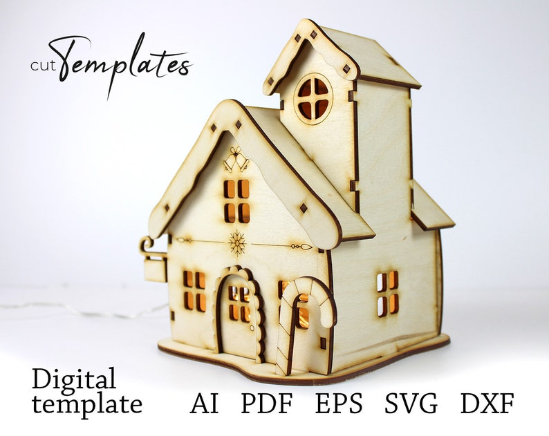 Puede incluir: Un recorte de madera de una casa de jengibre con un detalle de caramelo. La casa tiene una torre y ventanas. La imagen incluye el texto "cut Templates" y "Digital template AI PDF EPS SVG DXF".