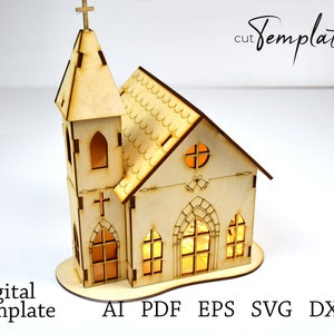 Archivo para el plano vectorial SVG EPS PDF de la plantilla de la Iglesia de Navidad Woden cortada con láser. Cortar plantillas