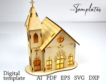Archivo para el plano vectorial SVG EPS PDF de la plantilla de la Iglesia de Navidad Woden cortada con láser. Cortar plantillas
