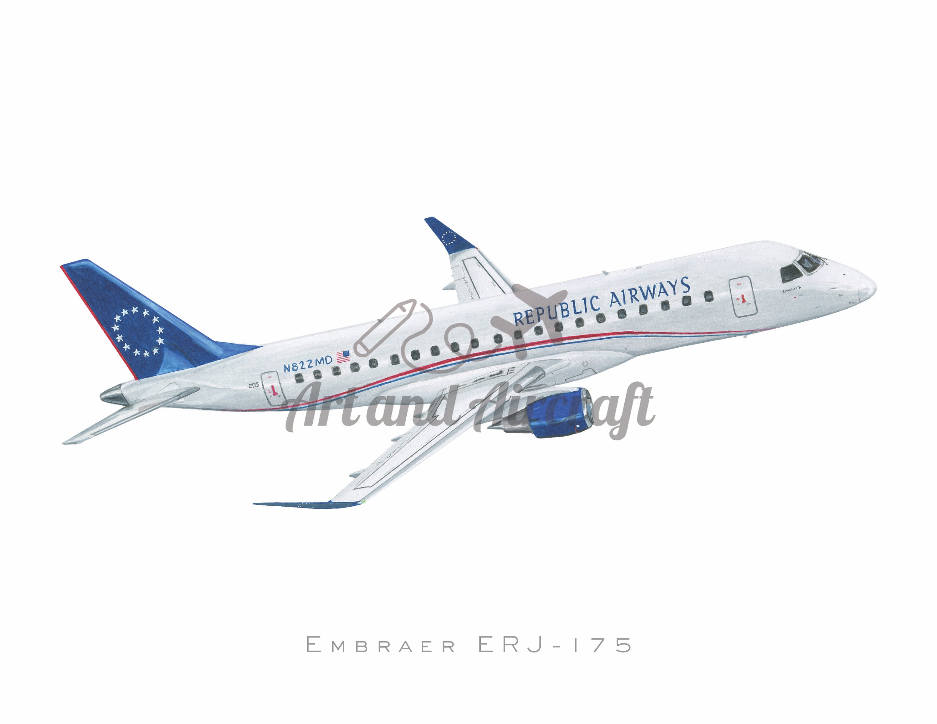 Republic Airways Embraer 175 Airplane Aviation Drawing Art Etsy