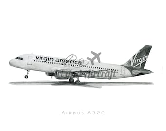 Virgin America Airbus A320 Aviation Drawing Art Print Pilot Gift