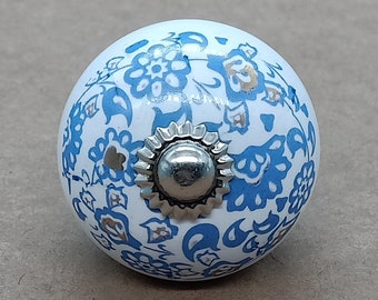 Premium Quality Blue and Golden On White Base  Round Shape Ceramic Knobs for Expensive Cabinets / High Grade Hand Painted Knobs