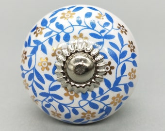 Premium Quality Blue and Golden On White Base  Round Shape Ceramic Knobs for Expensive Cabinets / High Grade Hand Painted Knobs